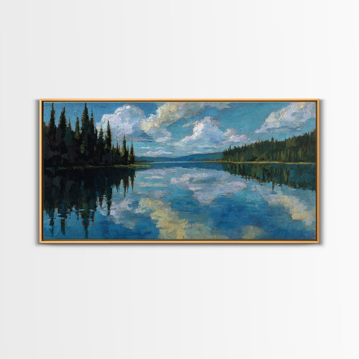 Quiet Lake Reflecting Pine Forest Framed Canvas Print, Landscape Art, Minimalist Decor, Living Room Decor, Oil Painting, LAN-2x1-24