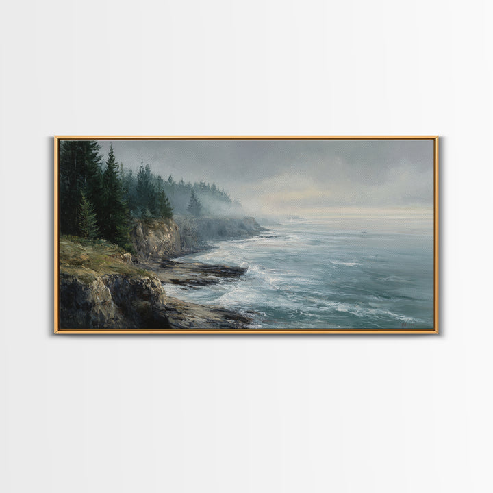 Coastal Cliffs with Crashing Waves Framed Canvas Print, Landscape Art, Contemporary Art, Living Room Decor, Fine Art, Horizon, LAN-2x1-28