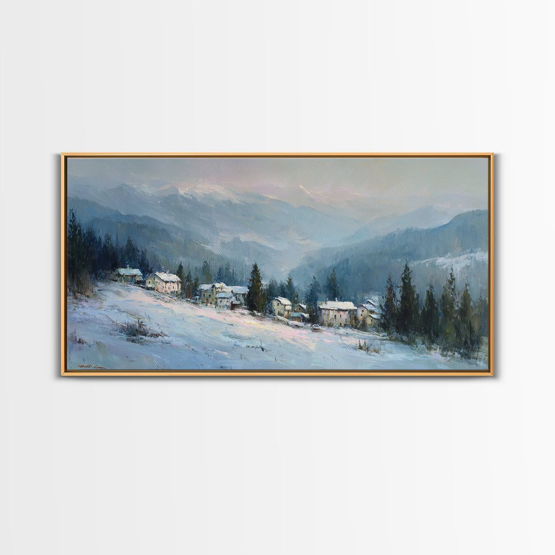 Snow Covered Alpine Village at Dusk Framed Canvas Print, Landscape Art, Framed Wall Art, Living Room Decor, Oil Painting, LAN-2x1-3
