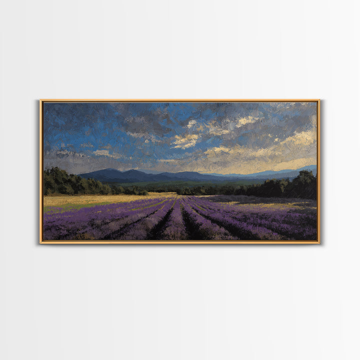 Lavender Field Leading to Distant Hills Framed Canvas Print, Landscape Art, Minimalist Decor, Living Room Decor, Oil Painting, LAN-2x1-30