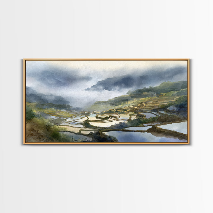 Rice Terraces Glowing Framed Canvas Print, Landscape Art, Luxury Decor, Living Room Decor, Fine Art, Horizon, Digital Art, LAN-2x1-38