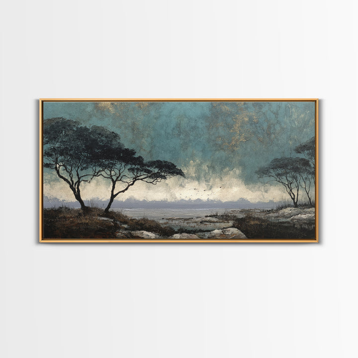 Wide Savanna with Acacia Silhouette Canvas Print, Landscape Art, Digital Art, Living Room Decor, Horizon, Boho Wall Art, LAN-2x1-39