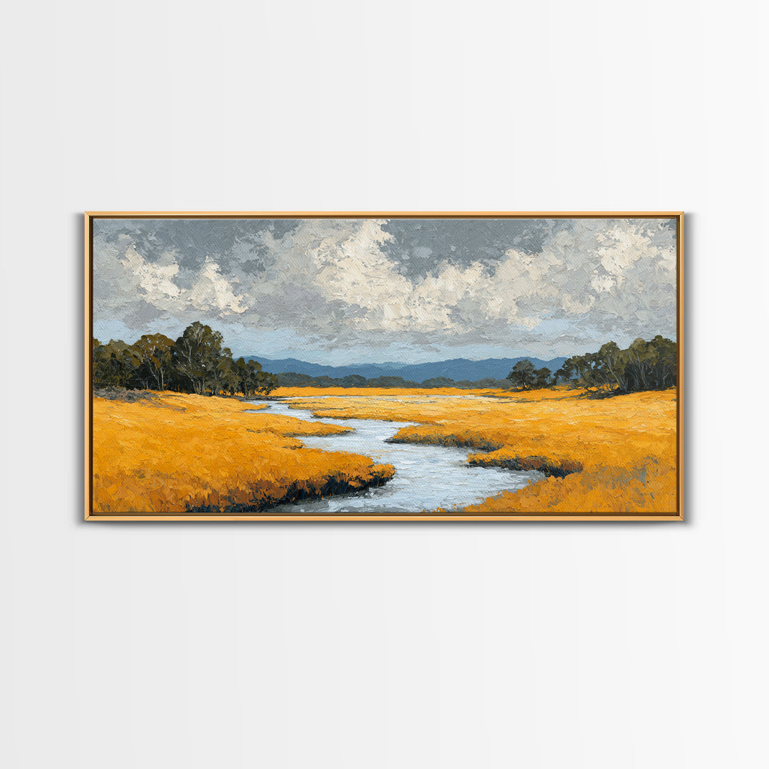 Winding River Through Golden Fields Framed Canvas Print, Landscape Art, Wall Decor, Living Room Decor, Fine Art, Horizon, LAN-2x1-46