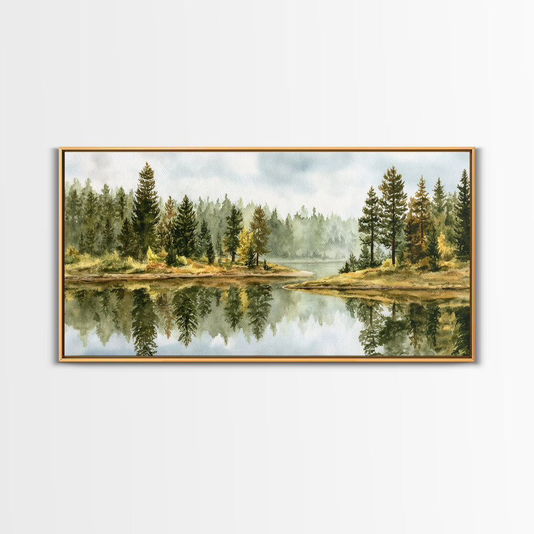 Quiet Lake Reflecting Pine Forest Canvas Print, Landscape Art, Digital Prints, Living Room Decor, Horizon, Farmhouse Decor, LAN-2x1-48