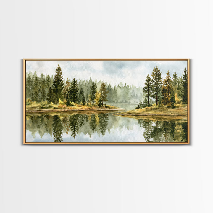 Quiet Lake Reflecting Pine Forest Canvas Print, Landscape Art, Digital Prints, Living Room Decor, Horizon, Farmhouse Decor, LAN-2x1-48