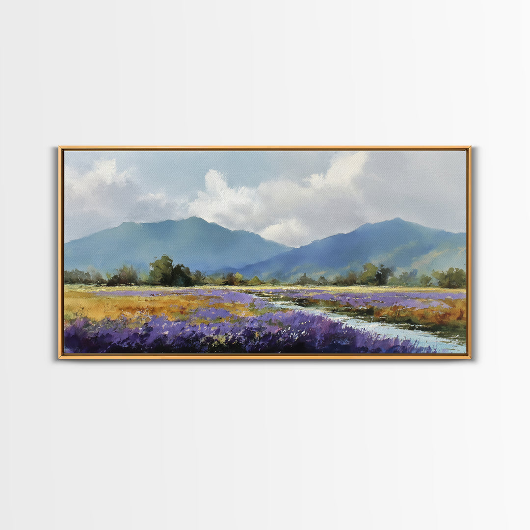 Lavender Field Leading to Distant Hills Canvas Print, Landscape Art, Digital Prints, Living Room Decor, Fine Art, Horizon, LAN-2x1-54
