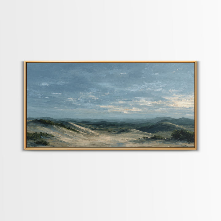Desert Dunes under Pale Moon Framed Canvas Print, Landscape Art, Farmhouse Decor, Living Room Decor, Fine Art, Horizon, LAN-2x1-55