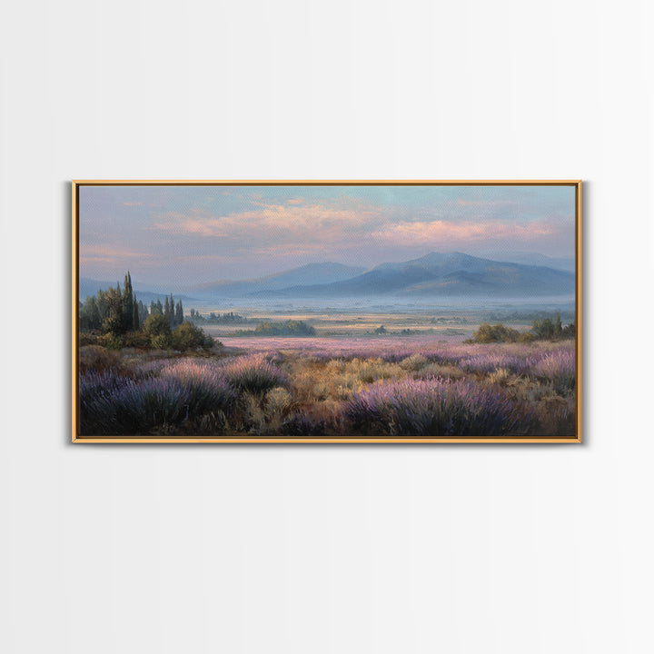 Lavender Field Leading to Distant Hills Framed Canvas Print, Landscape Art, Minimalist Decor, Living Room Decor, Oil Painting, LAN-2x1-6