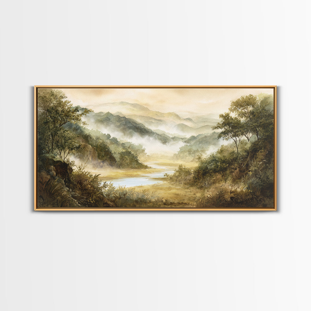 Tropical Jungle Waterfall Framed Canvas Print, Landscape Art, Digital Art, Living Room Decor, Fine Art, Horizon, Boho Wall Art, LAN-2x1-60