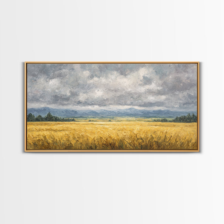 Golden Wheat Field Beneath Huge Clouds Canvas Print, Landscape Art, Original Painting, Living Room Decor, Fine Art, Horizon, LAN-2x1-68