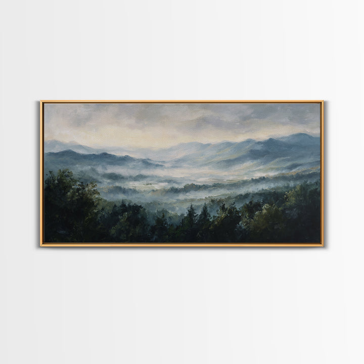 Misty Mountain Valley at Sunrise Canvas Print, Landscape Art, Abstract Wall Art, Living Room Decor, Fine Art, Horizon, LAN-2x1-69