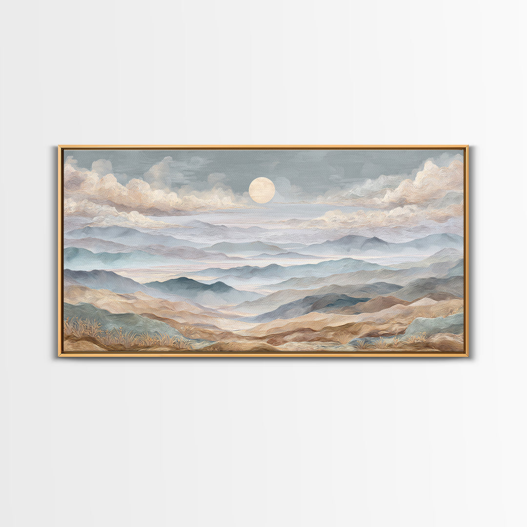 Desert Dunes under Pale Moon Framed Canvas Print, Landscape Art, Art Prints, Living Room Decor, Horizon, Abstract Wall Art, LAN-2x1-7