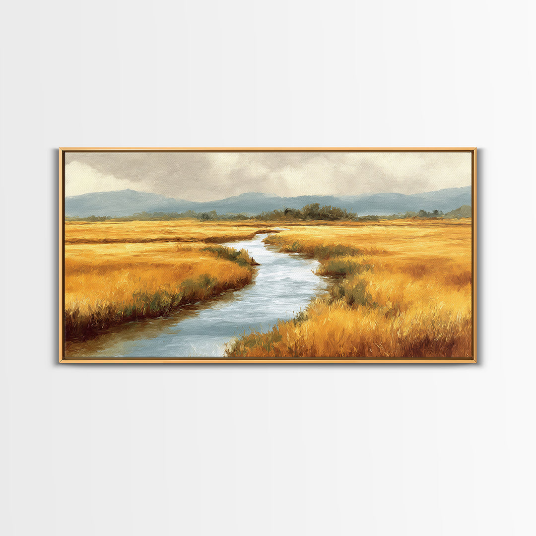 Winding River Through Golden Fields Canvas Print, Landscape Art, Printable Wall Art, Living Room Decor, Oil Painting, Horizon, LAN-2x1-70