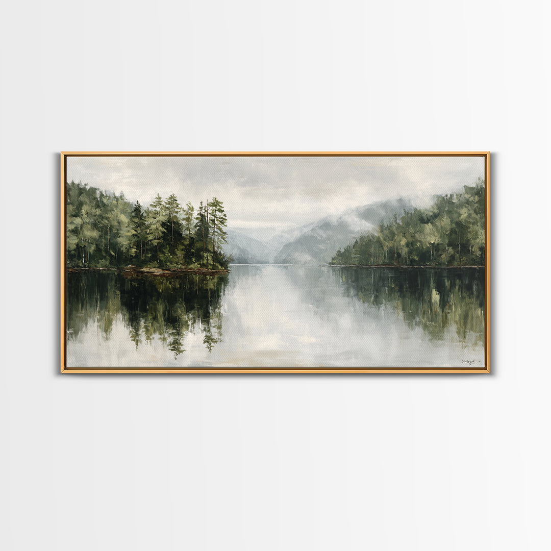 Quiet Lake Reflecting Pine Forest Framed Canvas Print, Landscape Art, Digital Wall Art, Living Room Decor, Fine Art, Horizon, LAN-2x1-72