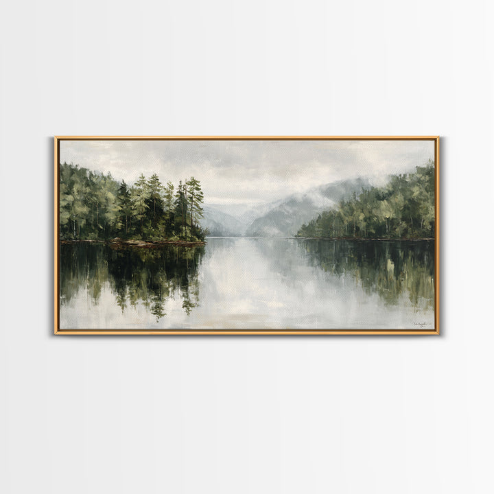 Quiet Lake Reflecting Pine Forest Framed Canvas Print, Landscape Art, Digital Wall Art, Living Room Decor, Fine Art, Horizon, LAN-2x1-72