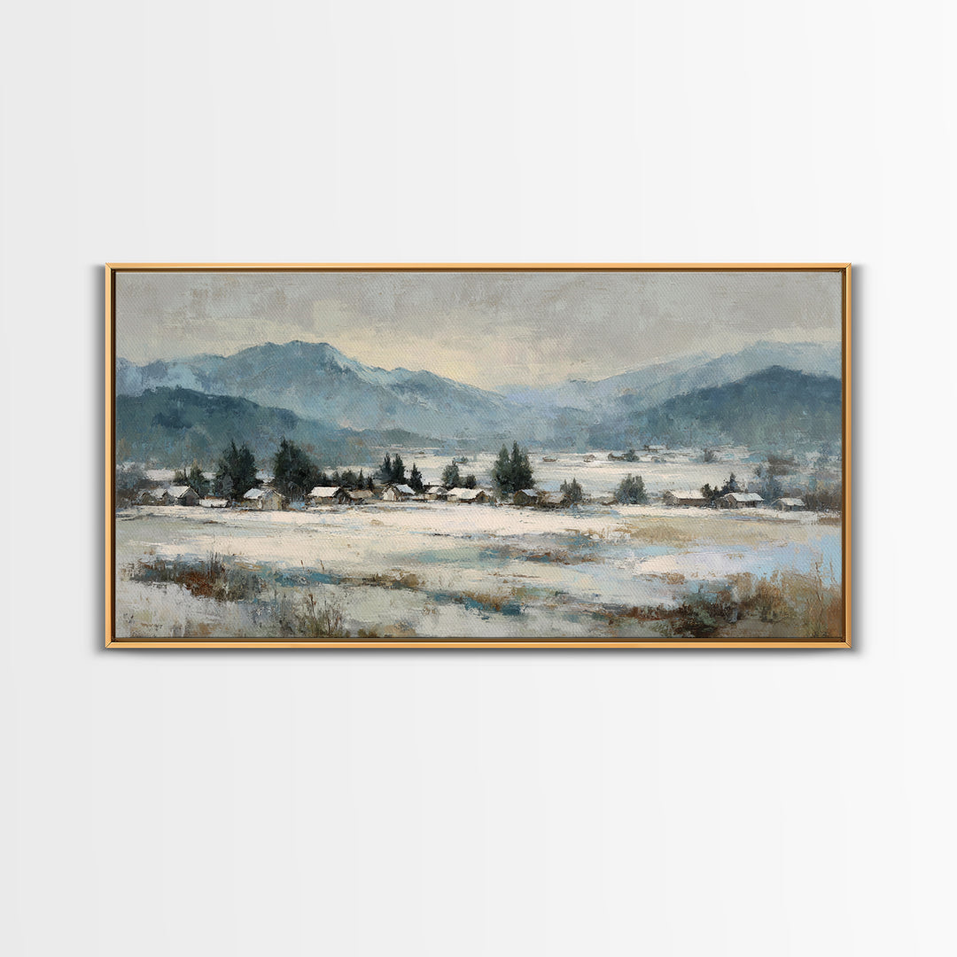 Snow Covered Alpine Village at Dusk Framed Canvas Print, Landscape Art, Room Decor, Living Room Decor, Fine Art, Horizon, LAN-2x1-75