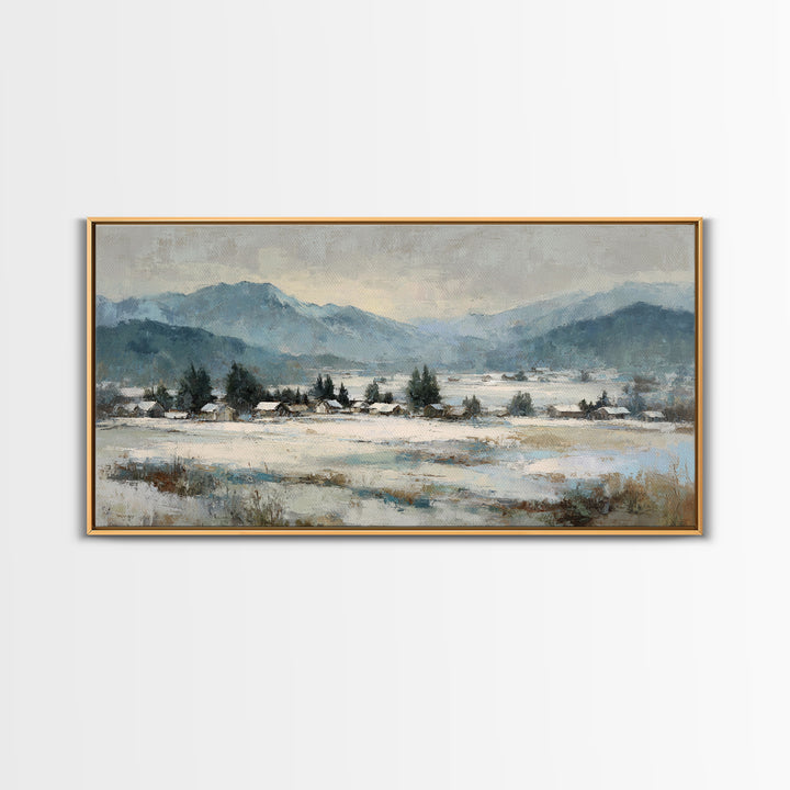 Snow Covered Alpine Village at Dusk Framed Canvas Print, Landscape Art, Room Decor, Living Room Decor, Fine Art, Horizon, LAN-2x1-75