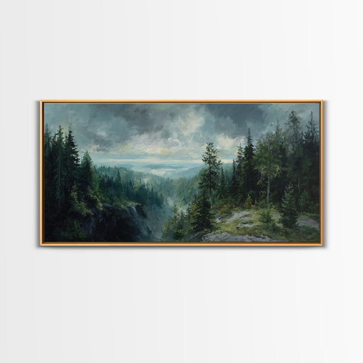 Waterfall Hidden in Dense Forest Framed Canvas Print, Landscape Art, Luxury Decor, Living Room Decor, Fine Art, Horizon, LAN-2x1-8