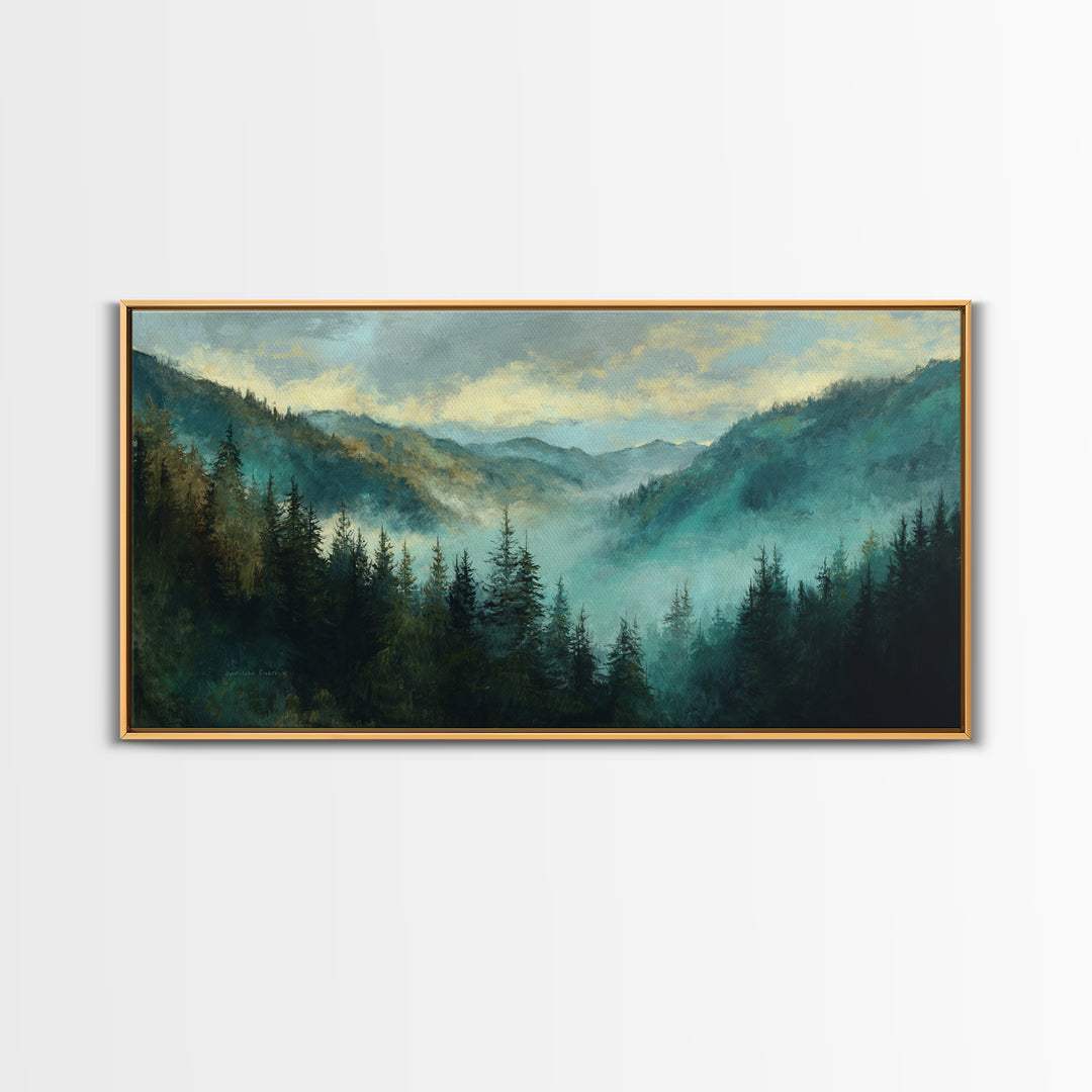 Waterfall Hidden in Dense Forest Framed Canvas Print, Landscape Art, Living Room Decor, Oil Painting, Horizon, Modern Art, LAN-2x1-80