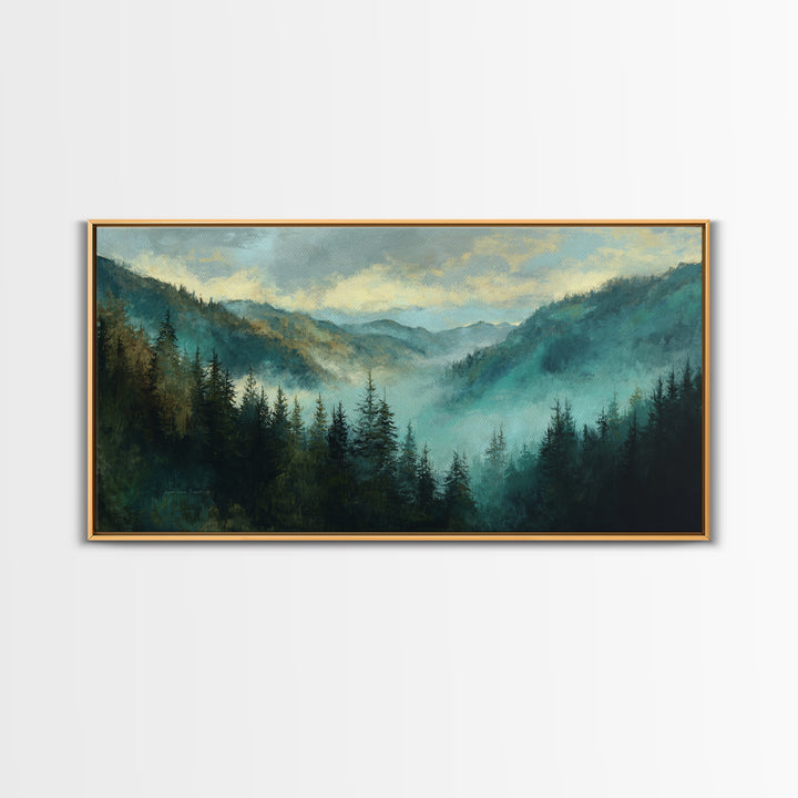 Waterfall Hidden in Dense Forest Framed Canvas Print, Landscape Art, Living Room Decor, Oil Painting, Horizon, Modern Art, LAN-2x1-80