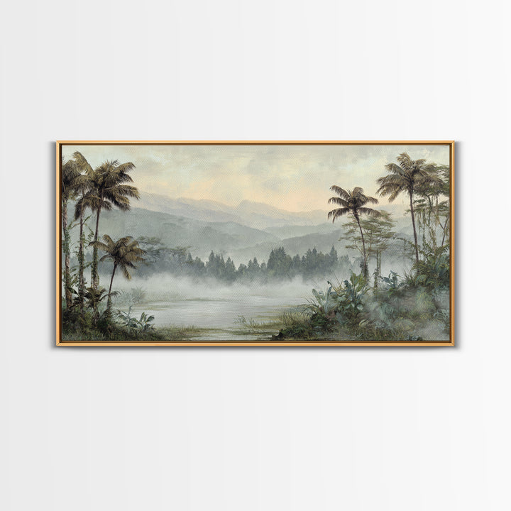 Tropical Jungle Waterfall Framed Canvas Print, Landscape Art, Abstract Wall Art, Living Room Decor, Fine Art, Horizon, LAN-2x1-84