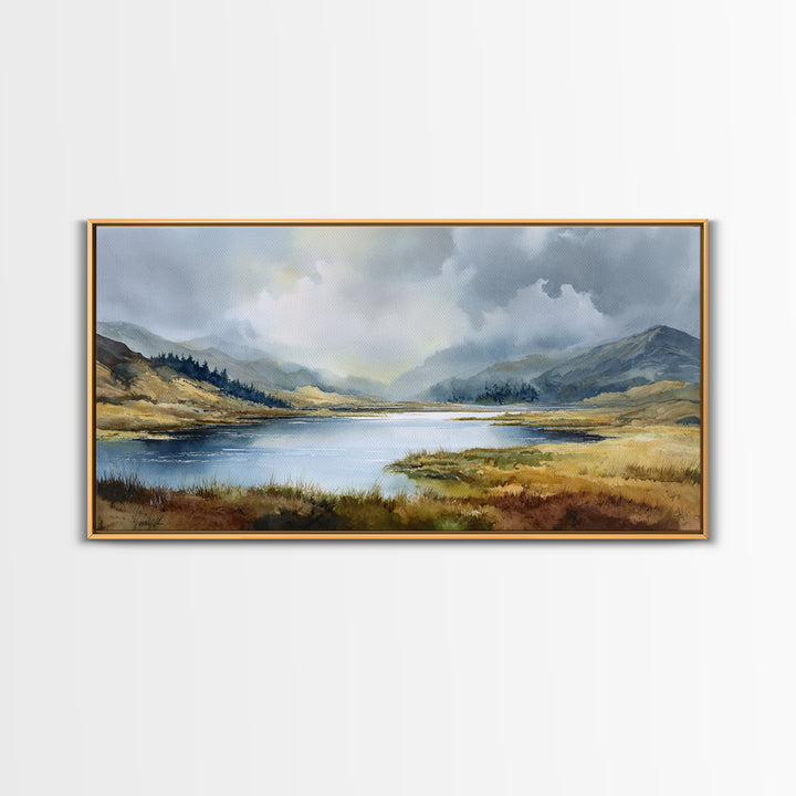 Rocky Scottish Highland Framed Canvas Print, Landscape Art, Farmhouse Decor, Living Room Decor, Horizon, Floral Wall Art, LAN-2x1-85