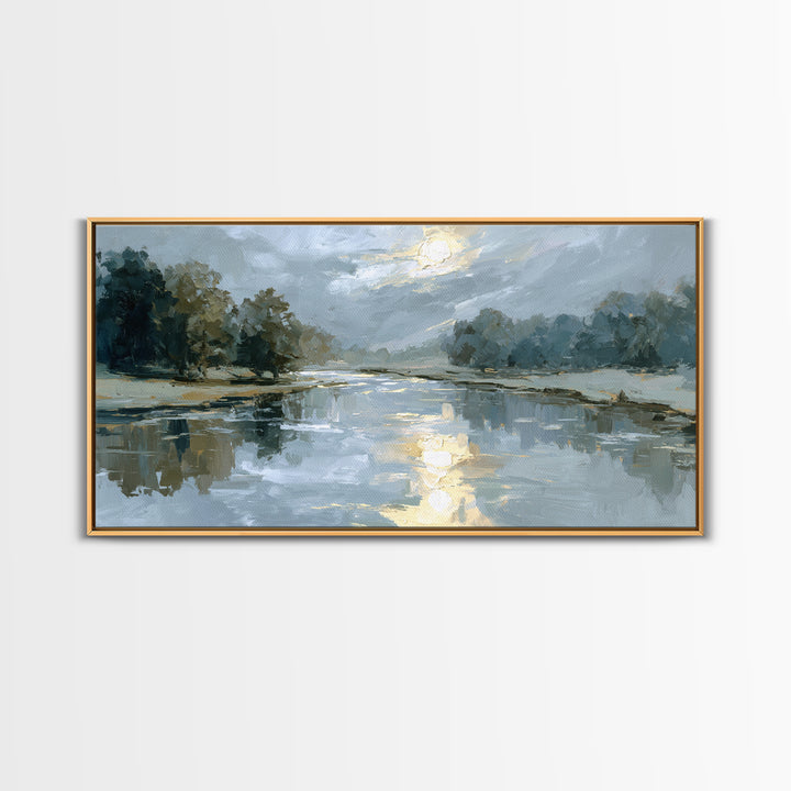Moonlit River with Silver Reflections Canvas Print, Landscape Art, Living Room Decor, Oil Painting, Horizon, Modern Art, LAN-2x1-89
