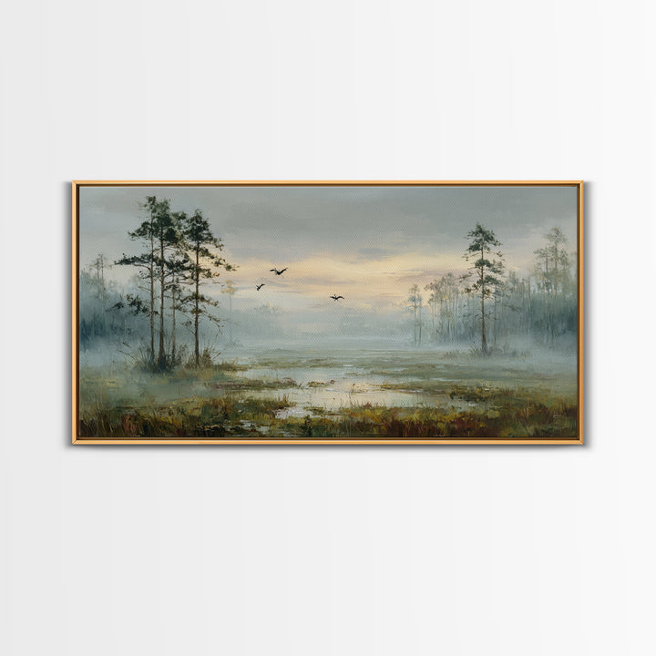 Misty Cypress Swamp Framed Canvas Print, Landscape Art, Digital Art, Living Room Decor, Fine Art, Horizon, Boho Wall Art, LAN-2x1-90