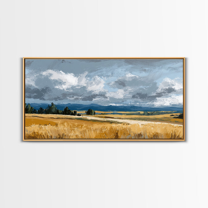 Golden Wheat Field Beneath Huge Clouds Framed Canvas Print, Landscape Art, Digital Print, Living Room Decor, Fine Art, Horizon, LAN-2x1-92