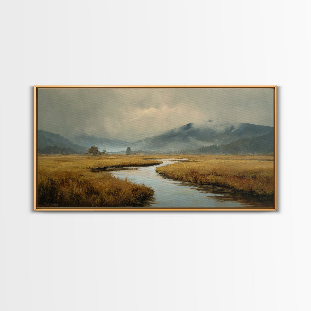 Winding River Through Golden Fields Canvas Print, Landscape Art, Printable Wall Art, Living Room Decor, Oil Painting, Horizon, LAN-2x1-94