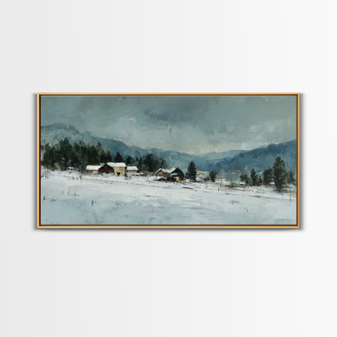 Snow Covered Alpine Village at Dusk Framed Canvas Print, Landscape Art, Abstract Wall Art, Living Room Decor, Fine Art, Horizon, LAN-2x1-99