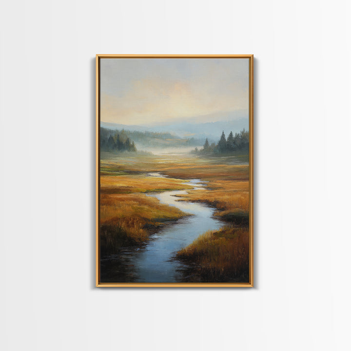 Winding River Through Golden Fields Canvas Print, Landscape Art, Contemporary Art, Living Room Decor, Fine Art, Horizon, LAN-2x3-10