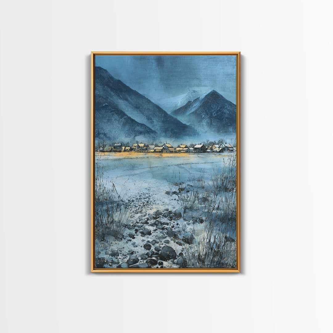 Snow Covered Alpine Village at Dusk Canvas Print, Landscape Art, Minimalist Decor, Living Room Decor, Oil Painting, Horizon, LAN-2x3-15