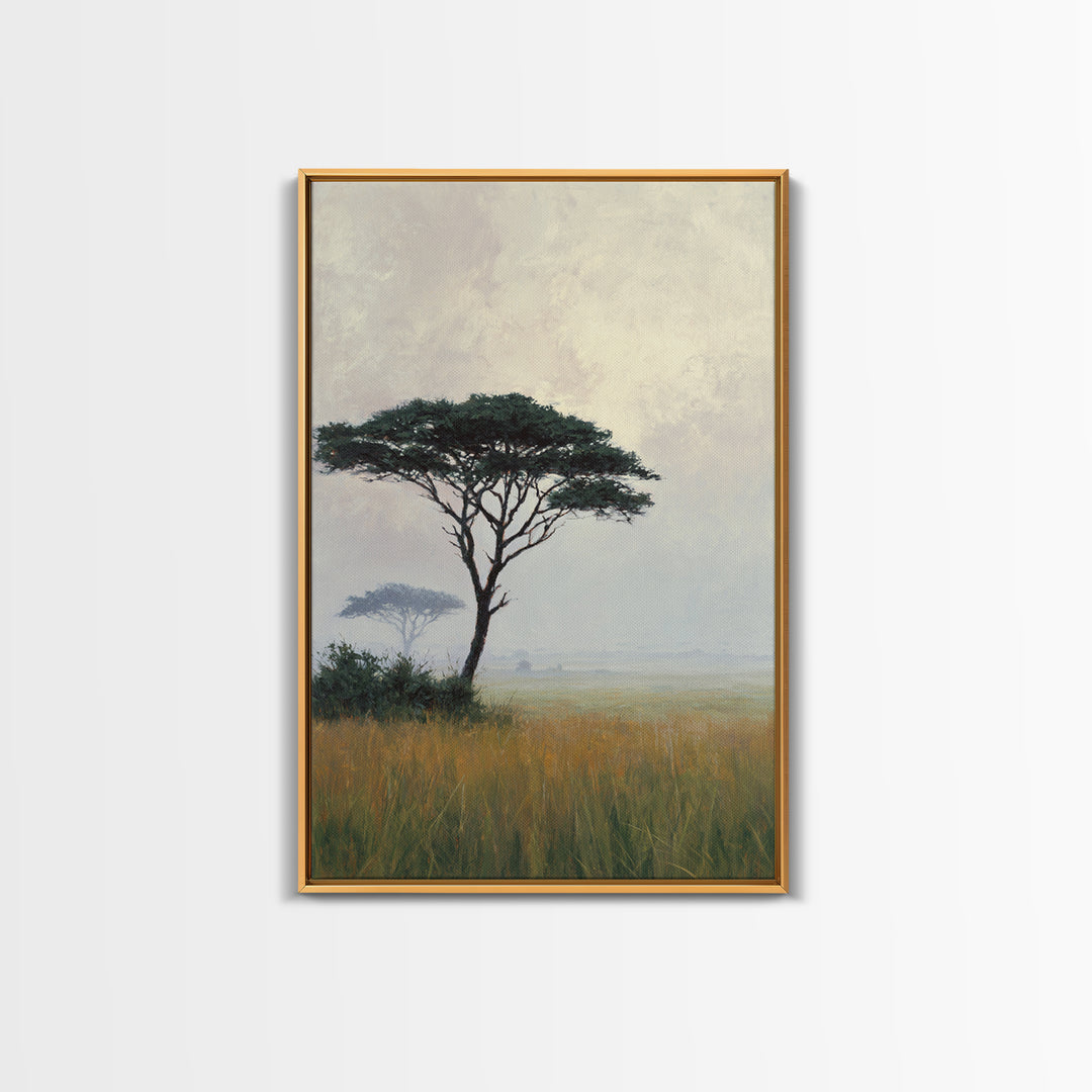 Wide Savanna with Acacia Silhouette Framed Canvas Print, Landscape Art, Room Decor, Living Room Decor, Fine Art, Horizon, LAN-2x3-3