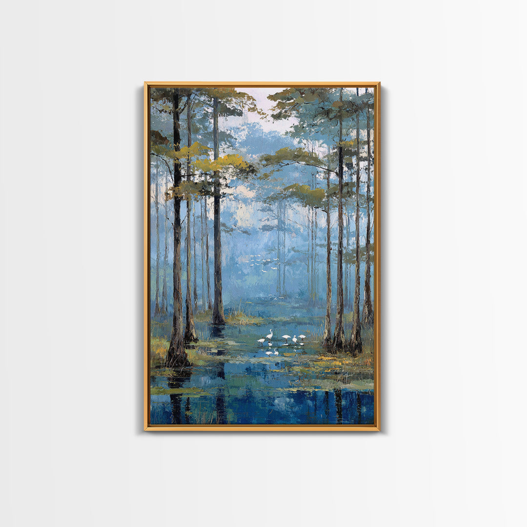 Misty Cypress Swamp Framed Canvas Print, Landscape Art, Minimalist Decor, Living Room Decor, Oil Painting, Horizon, LAN-2x3-30