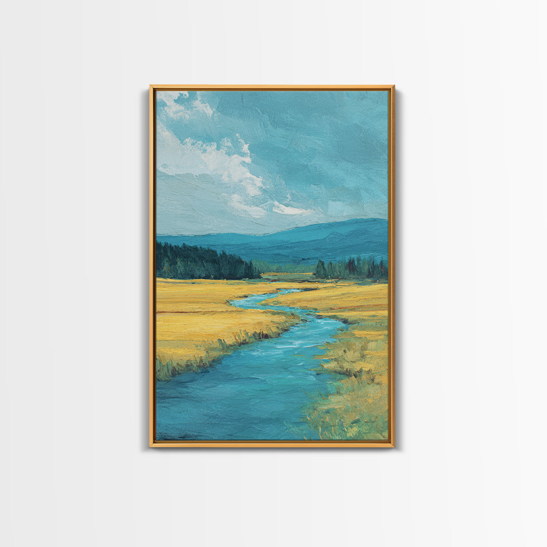 Winding River Through Golden Fields Framed Canvas Print, Landscape Art, Art Prints, Living Room Decor, Fine Art, Horizon, LAN-2x3-34