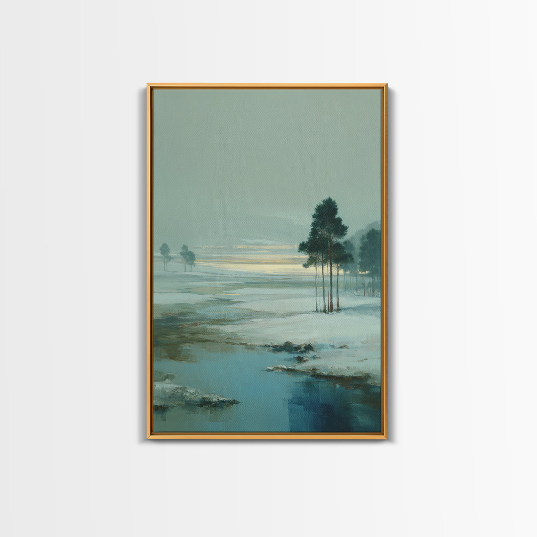 Fjord Landscape with Icy Blue Water Framed Canvas Print, Landscape Art, Original Art, Living Room Decor, Fine Art, Horizon, LAN-2x3-47