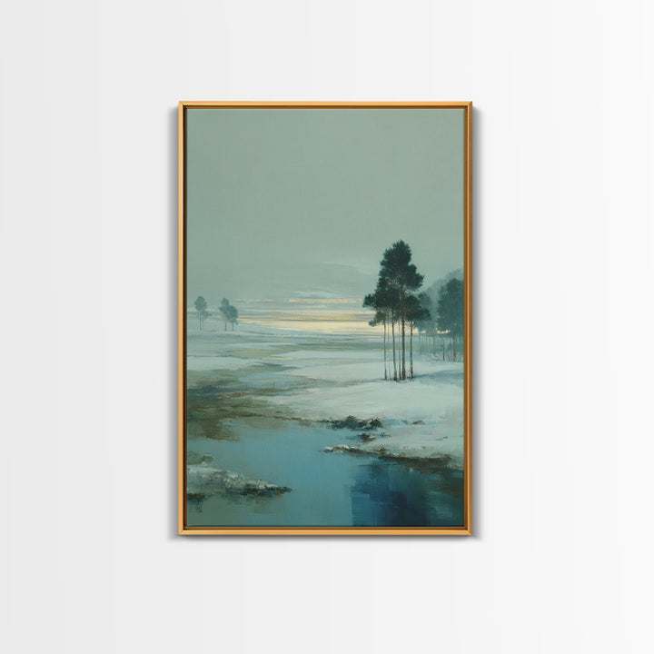 Fjord Landscape with Icy Blue Water Framed Canvas Print, Landscape Art, Original Art, Living Room Decor, Fine Art, Horizon, LAN-2x3-47