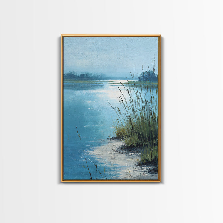 Moonlit River with Silver Reflections Canvas Print, Landscape Art, Original Painting, Living Room Decor, Fine Art, Horizon, LAN-2x3-5