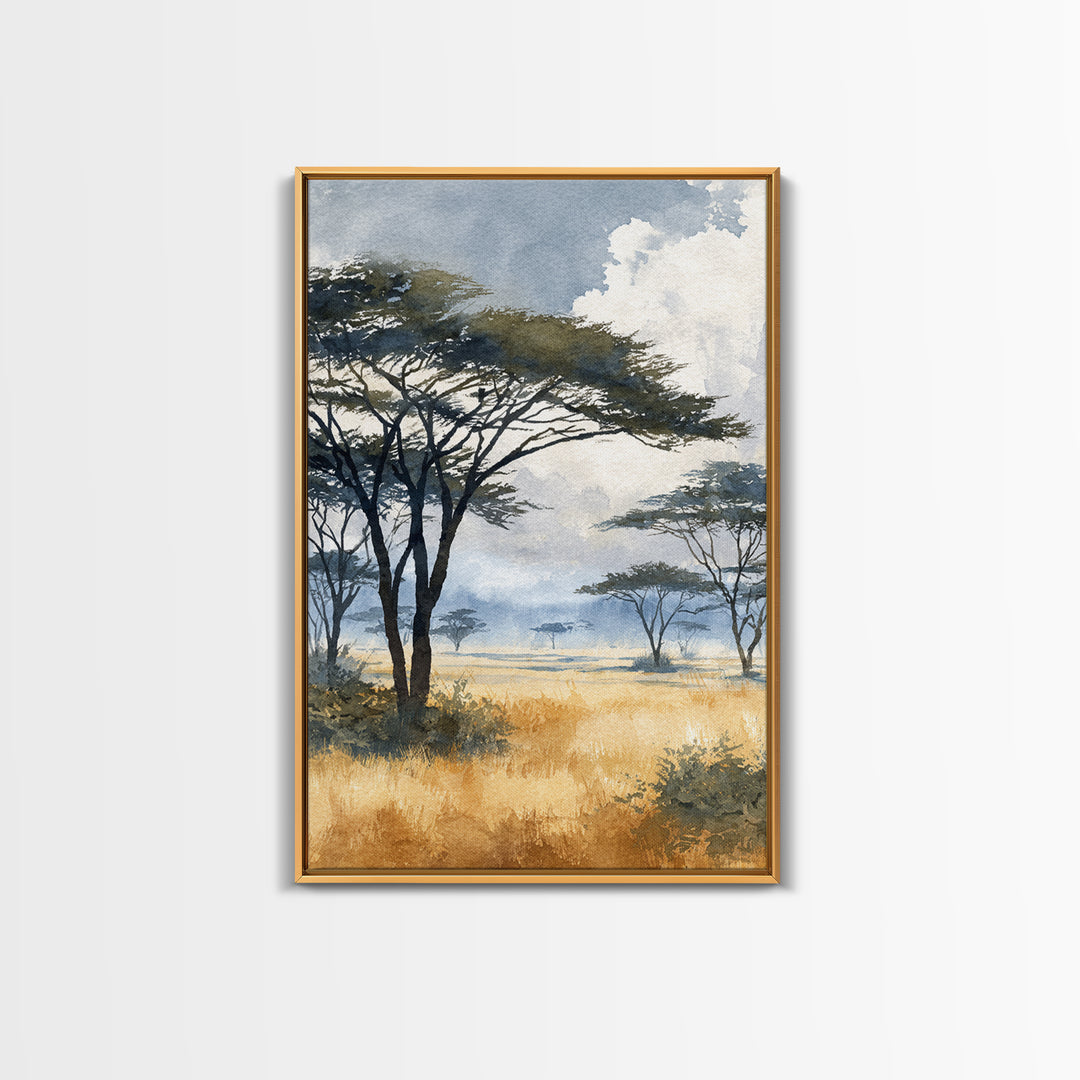 Wide Savanna with Acacia Silhouette Framed Canvas Print, Landscape Art, Digital Art, Living Room Decor, Fine Art, Horizon, LAN-2x3-51