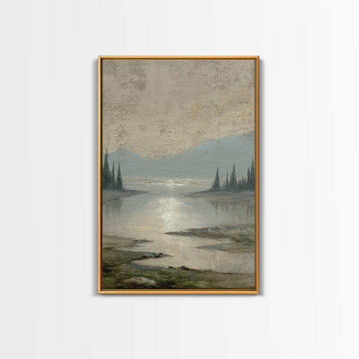 Moonlit River with Silver Reflections Framed Canvas Print, Landscape Art, Digital Print, Living Room Decor, Fine Art, Horizon, LAN-2x3-53