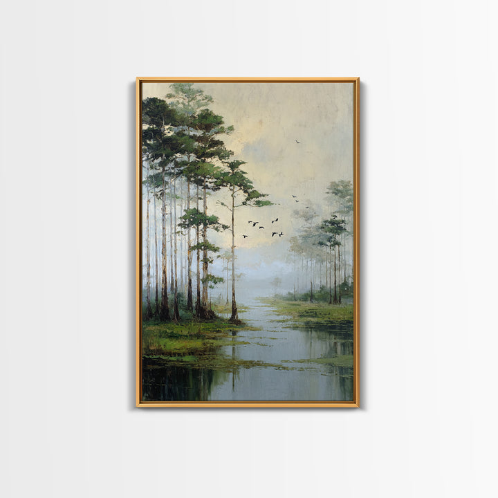 Misty Cypress Swamp Framed Canvas Print, Landscape Art, Minimalist Decor, Living Room Decor, Oil Painting, Horizon, LAN-2x3-6