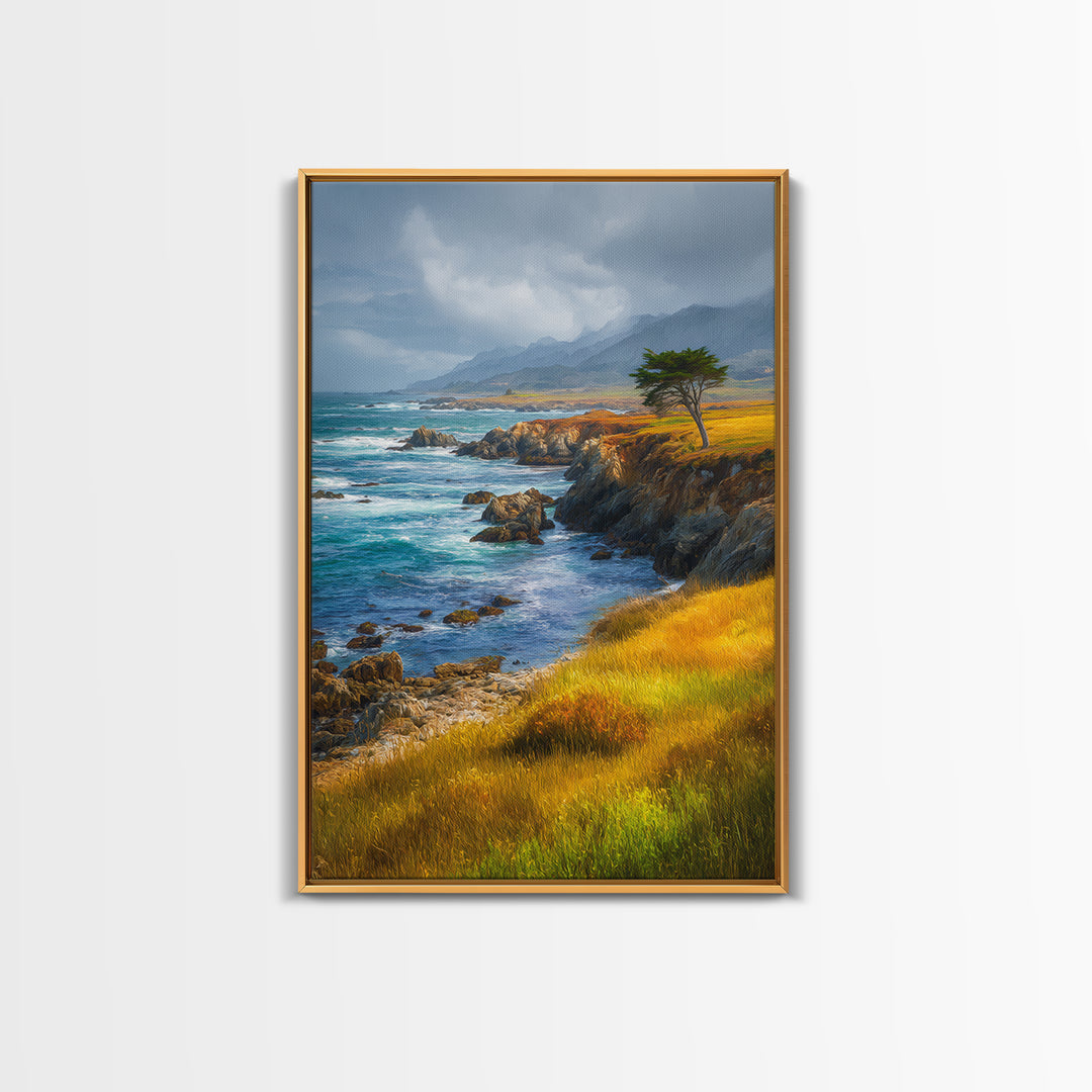 Coastal Cliffs with Crashing Waves Framed Canvas Print, Landscape Art, Art Prints, Living Room Decor, Fine Art, Horizon, LAN-2x3-64