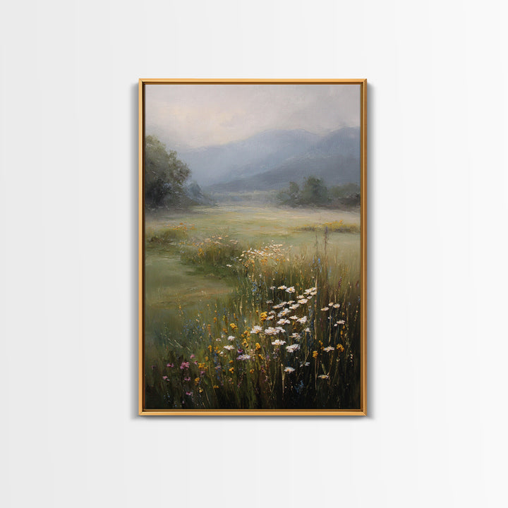 Sunlit Meadow with Wildflowers Framed Canvas Print, Landscape Art, Abstract Wall Art, Living Room Decor, Watercolor Art, LAN-2x3-69