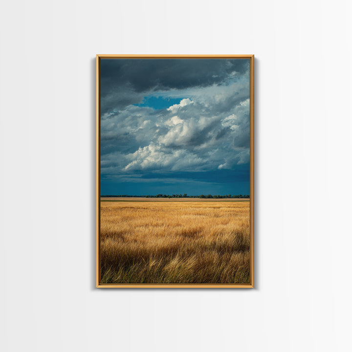 Golden Wheat Field Beneath Huge Clouds Framed Canvas Print, Landscape Art, Floral Wall Art, Living Room Decor, Horizon, LAN-2x3-8