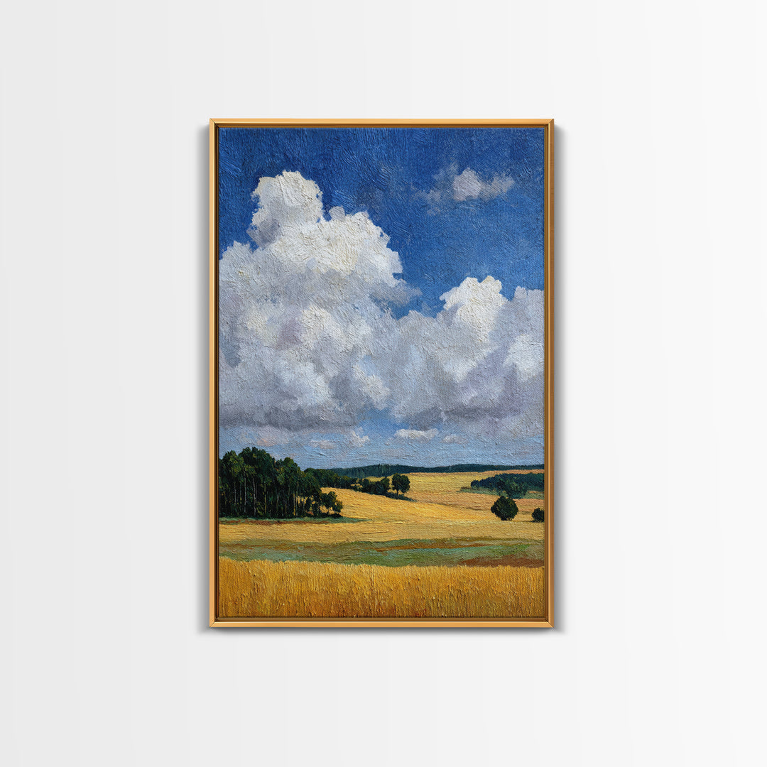 Golden Wheat Field Beneath Huge Clouds Framed Canvas Print, Landscape Art, Original Painting, Living Room Decor, Horizon, LAN-2x3-80