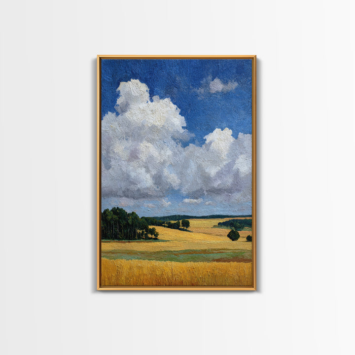 Golden Wheat Field Beneath Huge Clouds Framed Canvas Print, Landscape Art, Original Painting, Living Room Decor, Horizon, LAN-2x3-80