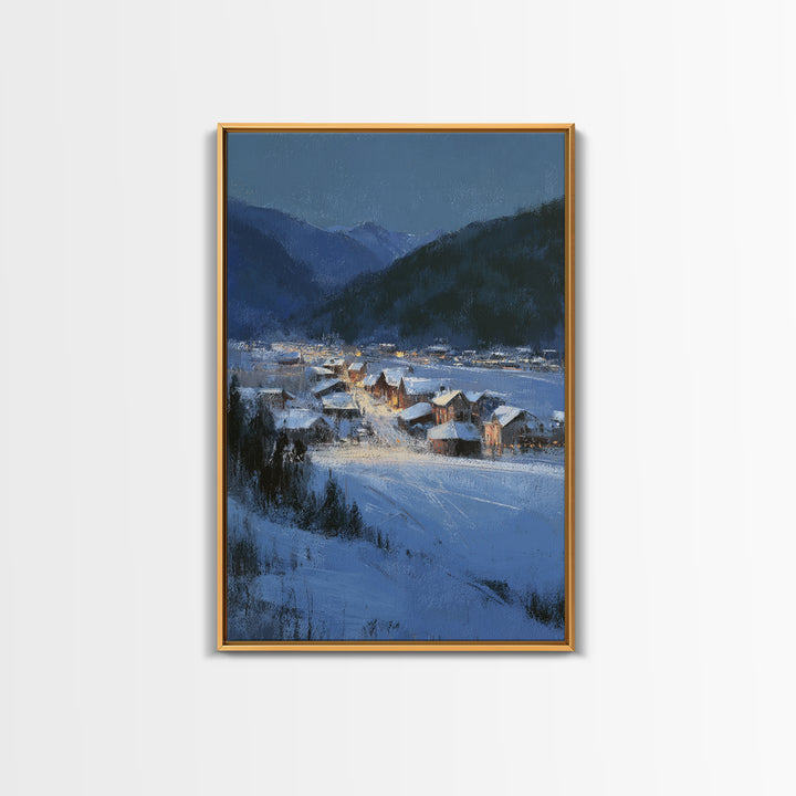 Snow Covered Alpine Village at Dusk Framed Canvas Print, Landscape Art, Living Room Wall Art, Living Room Decor, Oil Painting, LAN-2x3-87
