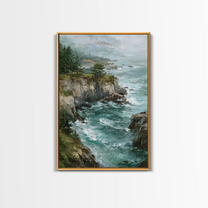 Coastal Cliffs with Crashing Waves Framed Canvas Print, Landscape Art, Farmhouse Decor, Living Room Decor, Fine Art, Horizon, LAN-2x3-88