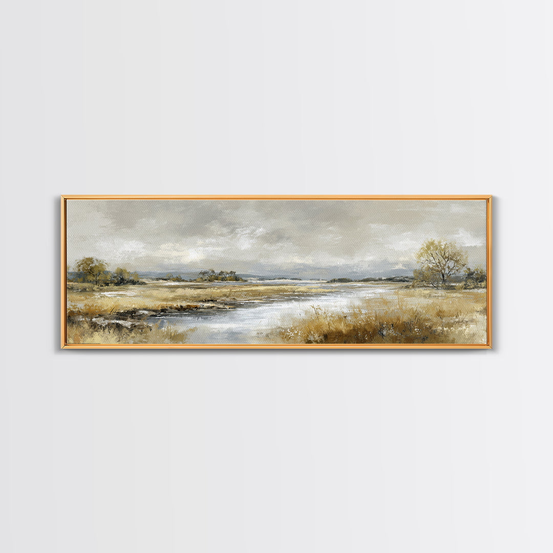 Moonlit River with Silver Reflections Canvas Print, Landscape Art, Living Room Decor, Oil Painting, Horizon, Modern Art, LAN-3x1-13